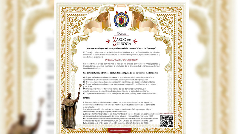 Lista la convocatoria de la Presea "Vasco de Quiroga"; UMSNH invita a participar con propuestas 