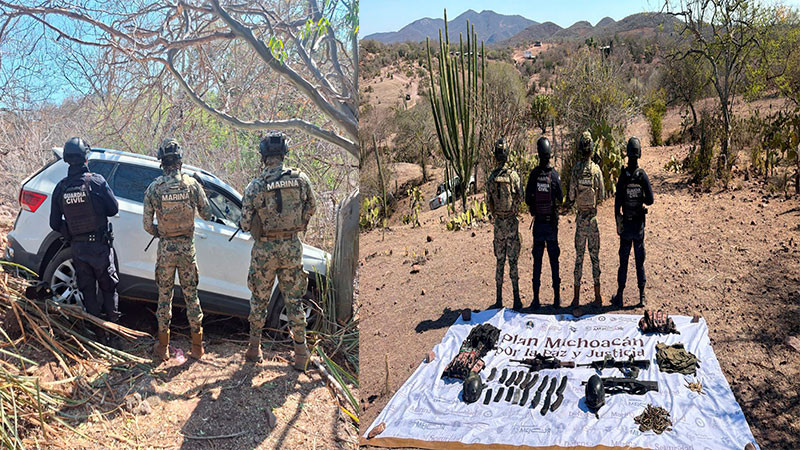 En Arteaga, Michoacán: Aseguran la Guardia Civil y Marina vehículos, armas, cartuchos y equipo táctico  