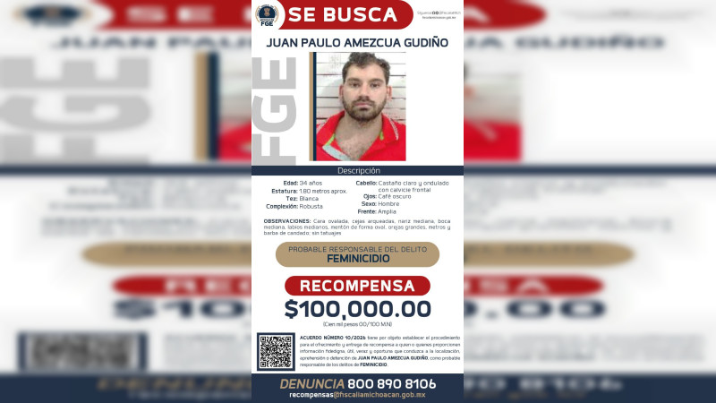 Ofrecen recompensa para dar con el paradero de Juan Paulo Amezcua, presunto feminicida de Frida S. en Michoacán 