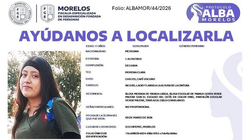 Desaparece otra joven estudiante en Morelos; buscan a Miranda Sherlin de 17 años 