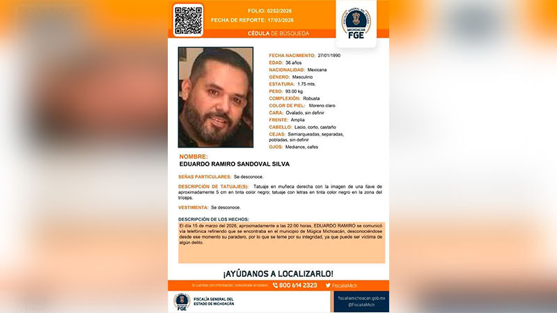 Familiares y amigos piden ayuda para localizar a Eduardo Ramiro Sandoval Silva 