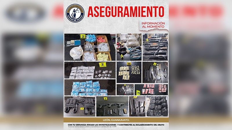 Aseguran arsenal, sustancias ilícitas y equipo táctico tras cateo en León, Guanajuato 