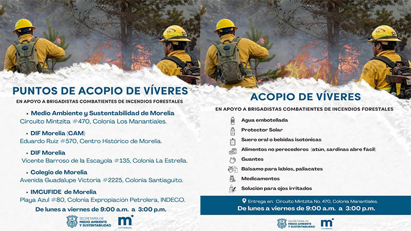 Gobierno de Morelia convoca a donar víveres para brigadistas forestales 