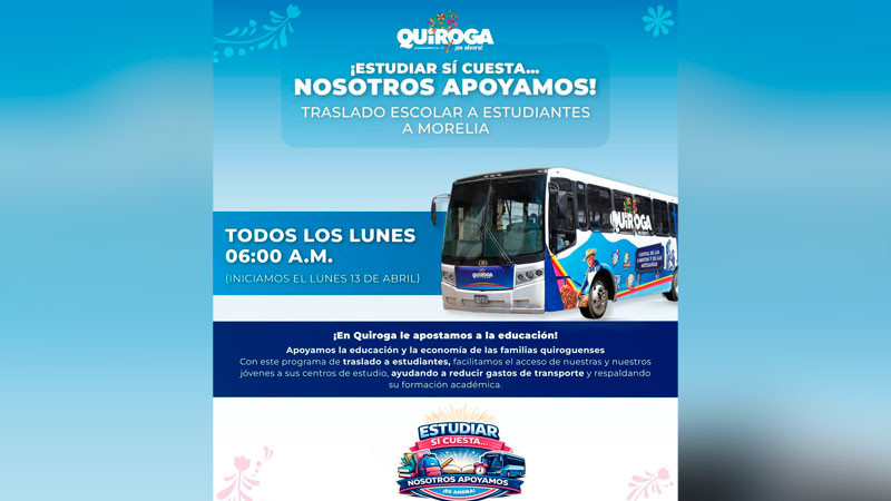 Fortalece Gobierno de Quiroga apoyo a estudiantes con transporte gratuito a Morelia y convoca a inscribirse 