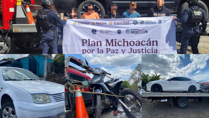 SSP asegura a cinco personas con armas, sustancia ilícita y vehículos en Morelos, Michoacán 