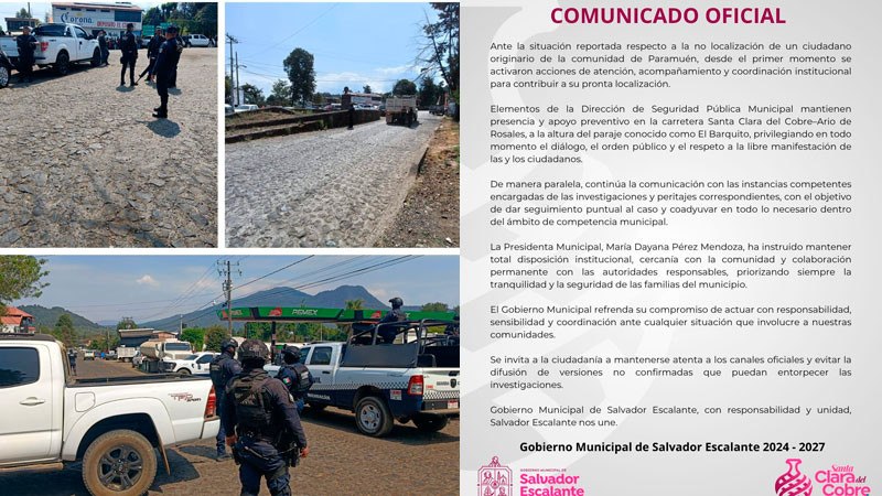 Gobierno Municipal de Salvador Escalante se posiciona sobre desaparición de ciudadano de Paramuén 