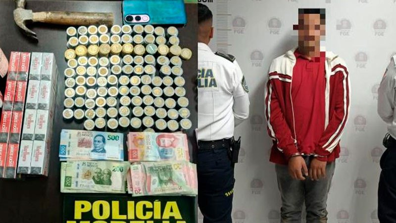 Detienen a sujeto mientras escapaba de OXXO con mercancía presuntamente robada, en Morelia, Michoacán 
