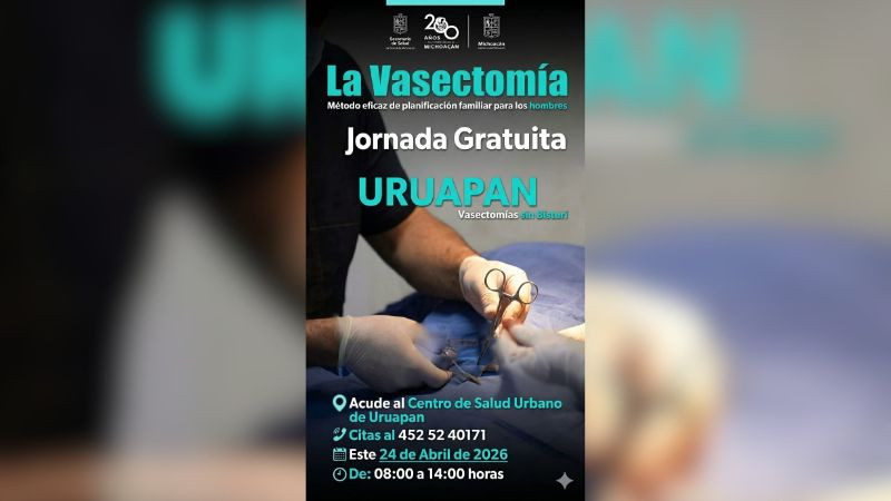 Anuncian jornada de vasectomías sin bisturí en el Centro de Salud de Uruapan este 24 de abril 