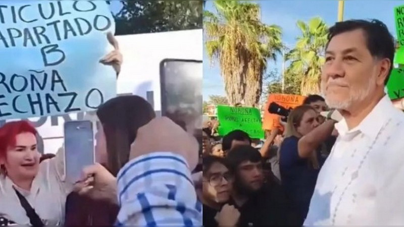 Protesta de expolicías irrumpe evento de Fernández Noroña en Culiacán 