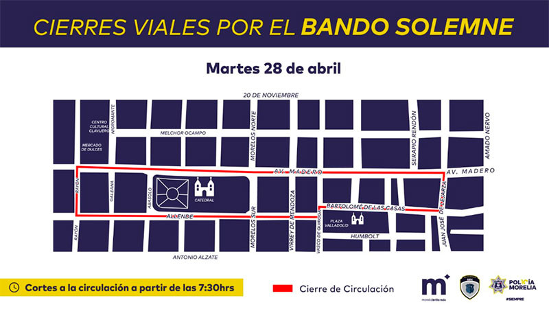 Por recorrido de Bando Solemne, habrá corte viales este martes en el primer cuadro de la capital michoacana 