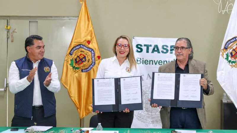 Histórica alianza entre UMSNH y STASPE; Yarabí Ávila y Antonio Ferreyra signan convenio de colaboración 
