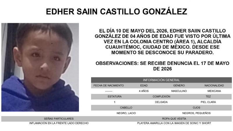 Activan Alerta Amber por desaparición de niño de 4 años en el Centro de CDMX 