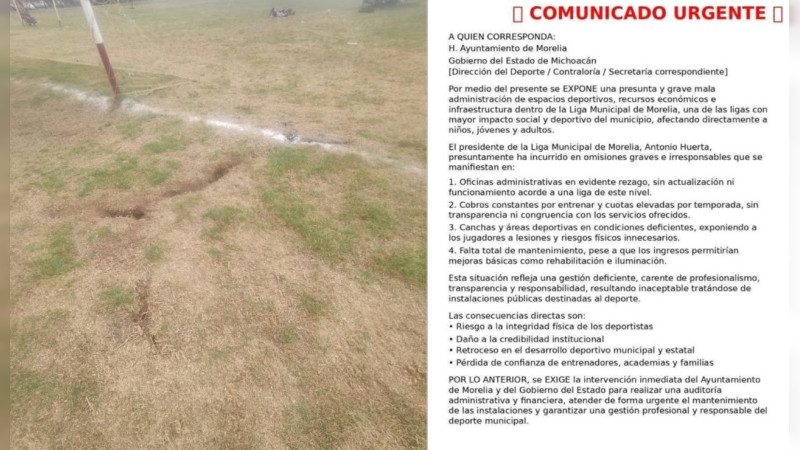 Denuncian abandono y presuntas irregularidades en la Liga Municipal de Futbol Amateur de Morelia, Michoacán  