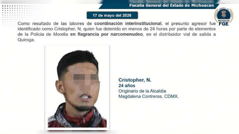 Confirma Torres Piña detención de presunto homicida de un policía en Morelia, Michoacán 
