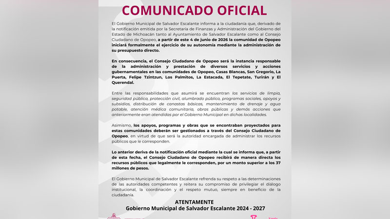 Opopeo inicia formalmente ejercicio de se autonomía: gobierno de Salvador Escalante 