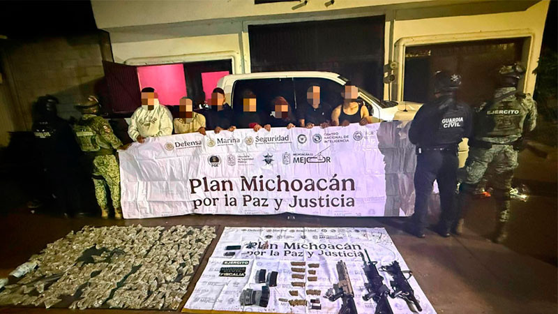 En Huaniqueo, Michoacán: Detienen a 7 personas, aseguran 4 armas, sustancias ilícitas y 2 vehículos con reporte de robo 