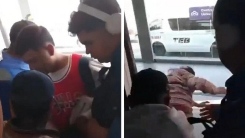 Pasajeros retienen a presunto ladrón en Macrobús; le encuentran varios celulares en su mochila 