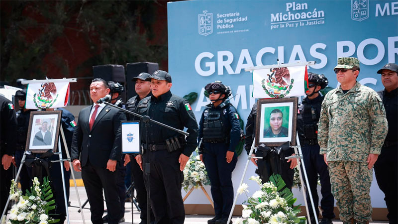 Rinde la SSP de Michoacán homenaje póstumo a 5 elementos de la Guardia Civil caídos en cumplimiento de su deber en Nahuatzen 