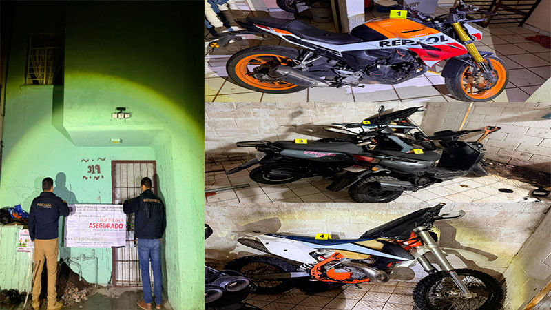 Tras cateo en Morelia, Michoacán, aseguran motocicletas, estupefacientes, autopartes y aditamentos de armamento 