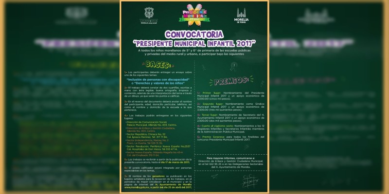 Invita Ayuntamiento a participar en concurso “Presidente Municipal Infantil 2017” 