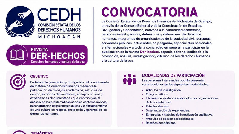 Convoca CEDH Michoacán a participar en la revista especializada Der-hechos 