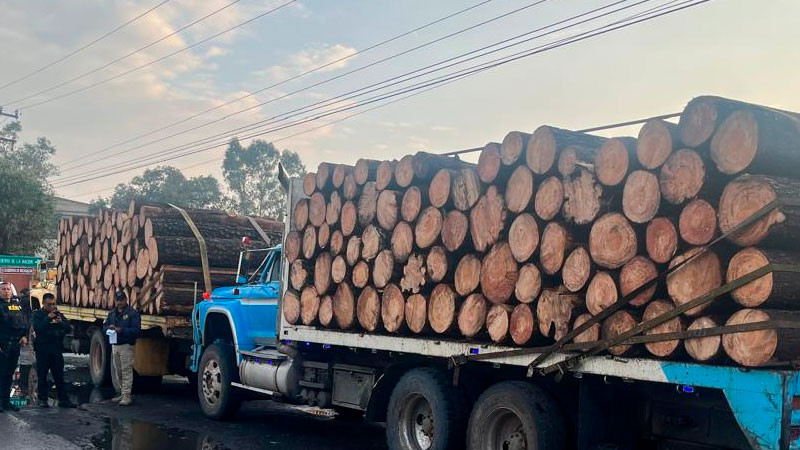 En Charo, Michoacán aseguran tres camiones con producto forestal y pone a disposición a tres personas por presunto uso de documentación falsa 