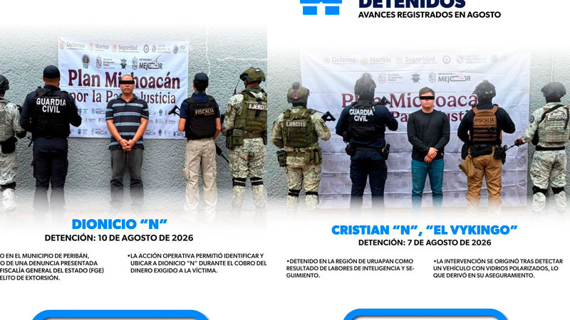 En Uruapan, Michoacán caen dos presuntos extorsionadores 