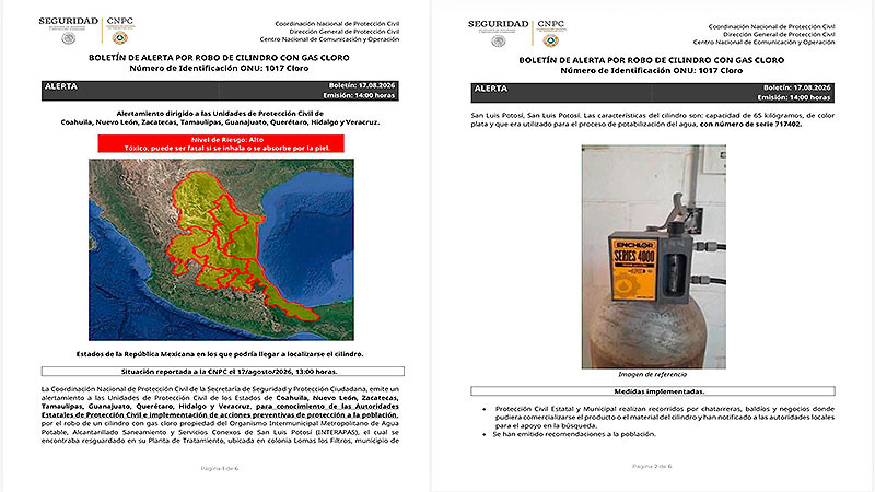 Alertan por robo de cilindro de gas cloro en San Luis Potosí 