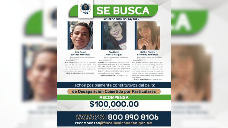 FGE ofrece recompensa de 100 mil pesos para localizar a tres personas desaparecidas