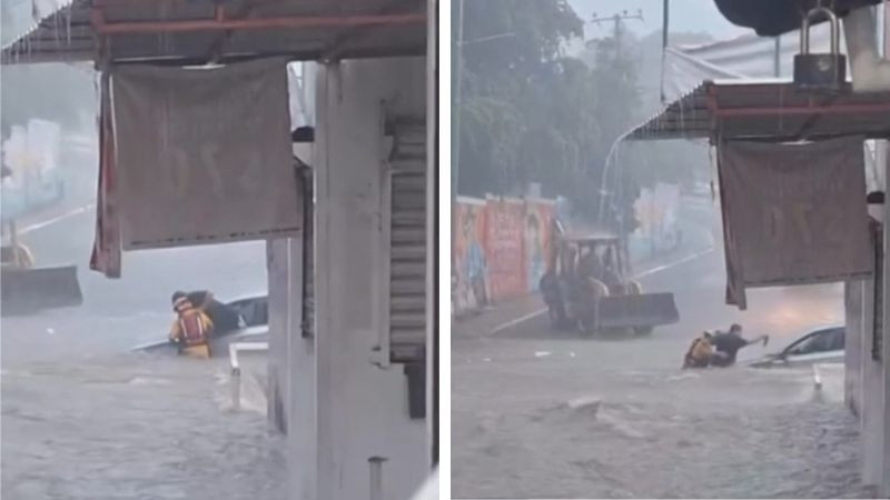 Rescatan a hombre atrapado en una inundación tras fuertes lluvias en Culiacán 