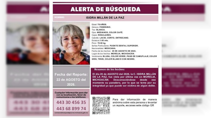 Localizan el auto, pero no a Isidra: continúa la búsqueda de mujer de 76 años desaparecida en Morelia, Michoacán  