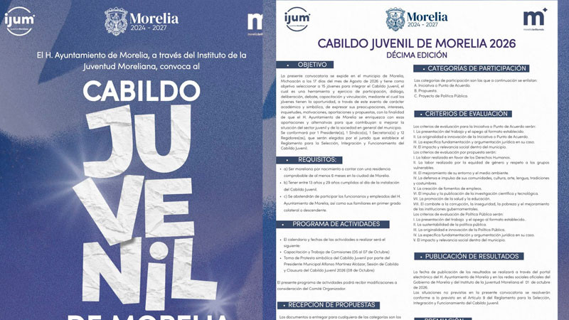 Gobierno de Morelia invita a convocatoria para integrar el Cabildo Juvenil 2026 