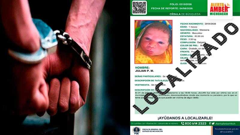 Localiza la FGE de Michoacán en Zamora a recién nacido reportado como desaparecido en Uruapan; su padre fue detenido  