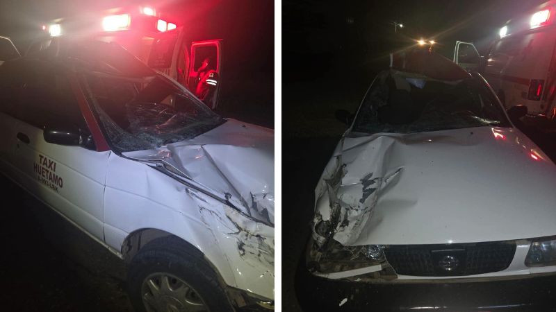 Taxista queda herido tras impactar su unidad contra retroexcavadora en Huetamo, Michoacán 