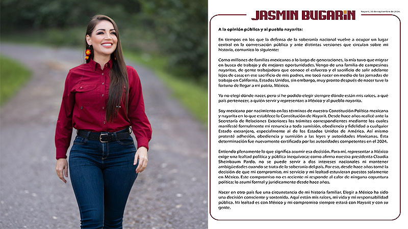 Jasmin Bugarín asegura que formalizó desde 2024 su renuncia a vínculos con EU 