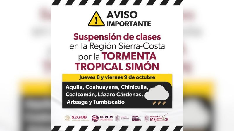 Se suspenden clases presenciales en siete municipios por la tormenta tropical Simón 