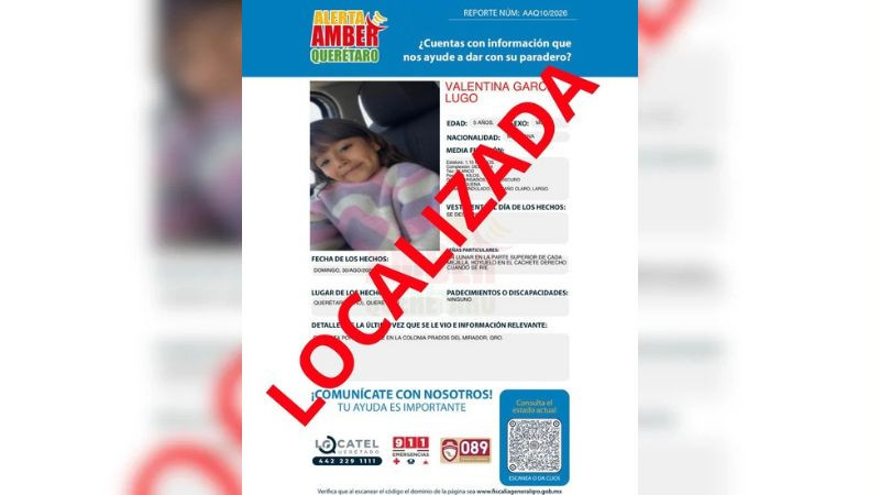 Encuentran a Valentina, niña desaparecida en Querétaro; hay dos detenidas 