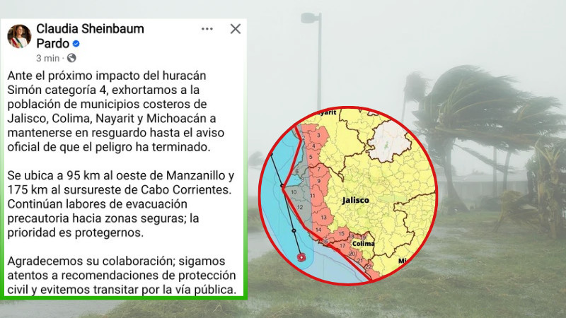 Sheinbaum alerta por huracán Simón categoría 4; piden resguardo en costas de Michoacán 