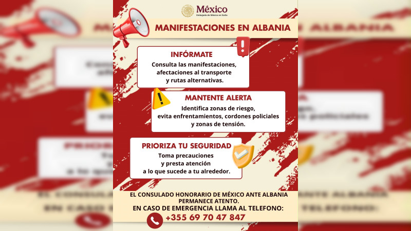 Embajada de México en Italia alerta a mexicanos por manifestaciones violentas en Albania