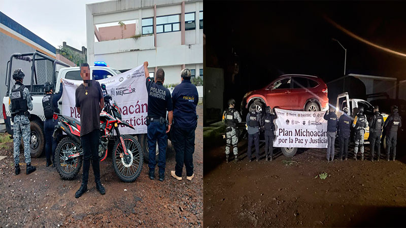 Guardia Civil asegura a un hombre, estupefacientes y vehículos con reporte de robo en Uruapan, Michoacán 