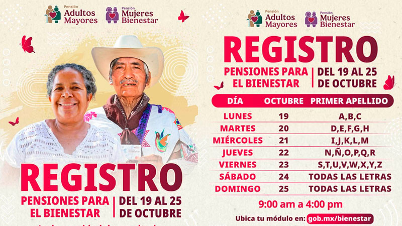 Del 19 al 25 de octubre, registro a Pensiones para Adultos Mayores y Mujeres Bienestar 