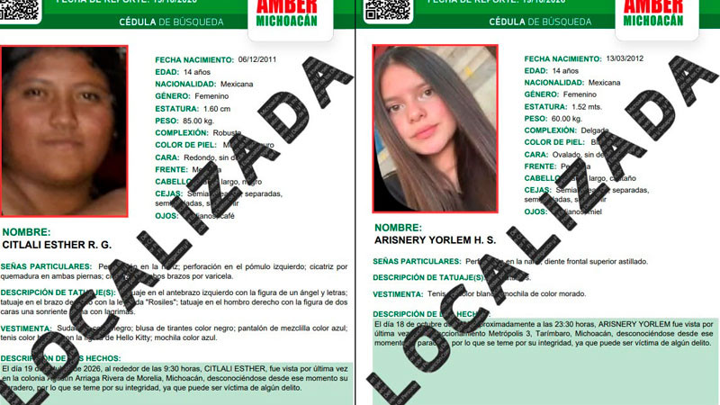 En Tarímbaro y Morelia localizan a dos adolescentes reportadas como desaparecidas 
