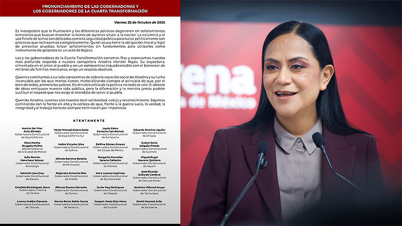 Gobernadores de Morena respaldan a Ariadna Montiel y exigen pruebas por acusaciones de Maru Campos 