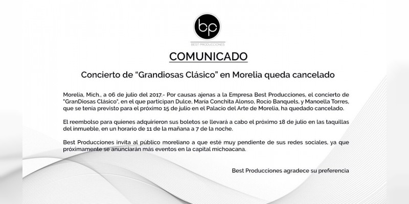Concierto de "GranDiosas Clásico" en Morelia queda cancelado - Foto 1 