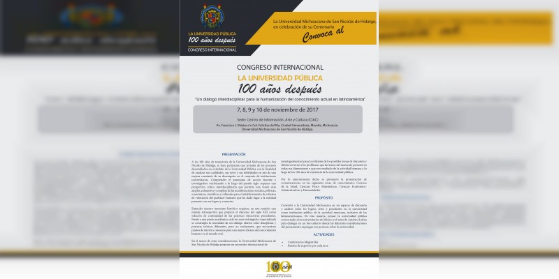 Organiza UMSNH Congreso Internacional por sus cien años de historia como institución de educación pública 