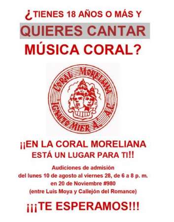 Convocan a morelianos a formar parte de la Coral Moreliana 