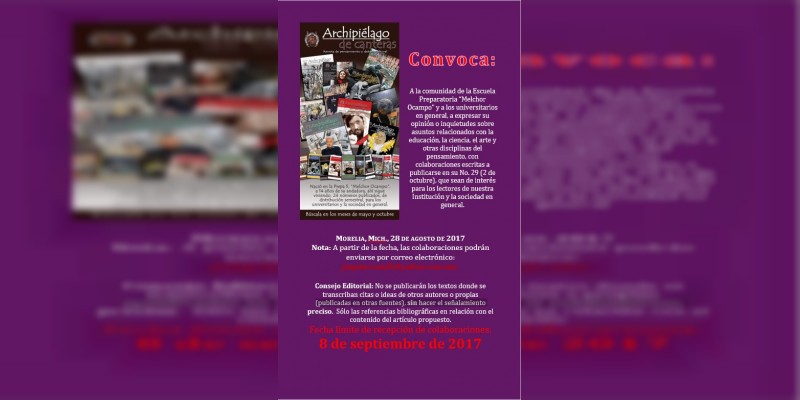 Abierta recepción de colaboraciones para el número 29 de la Revista nicolaita ”Archipiélago de Canteras“ 