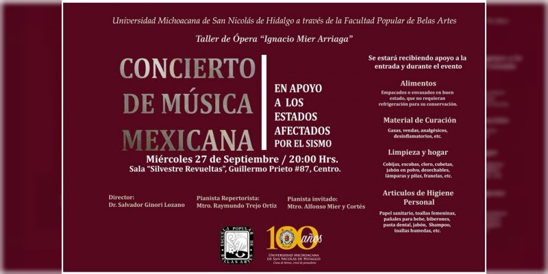 Facultad de Bellas Artes ofrece concierto en pro damnificados por el sismo 