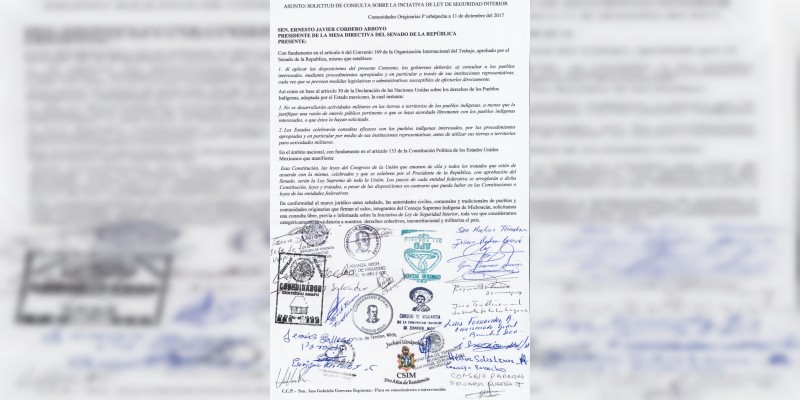 Comunidades originarias que conforman el Consejo Supremo Indígena de Michoacán solicitan al Senado de la República una consulta sobre la iniciativa de Ley de Seguridad Interior 