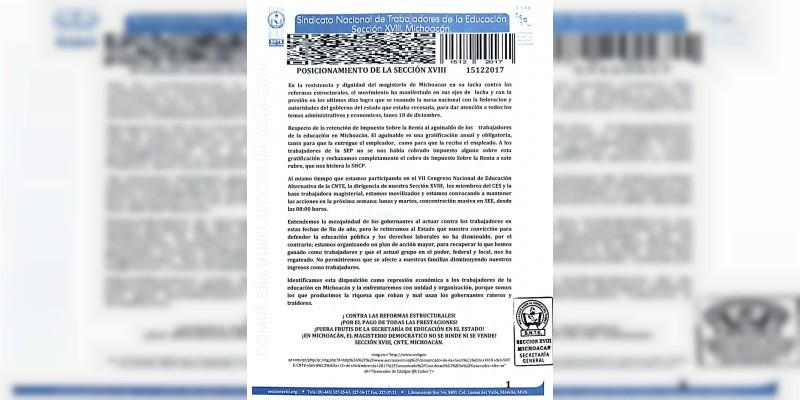 Posicionamiento de la Sección XVIII de la CNTE; continuarán con su lucha este próximo lunes 